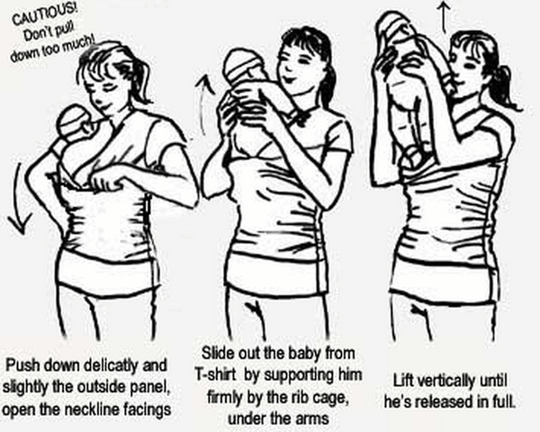 Sådan får du dit barn nænsomt ud af Skin 2 Skin bære t-shirt